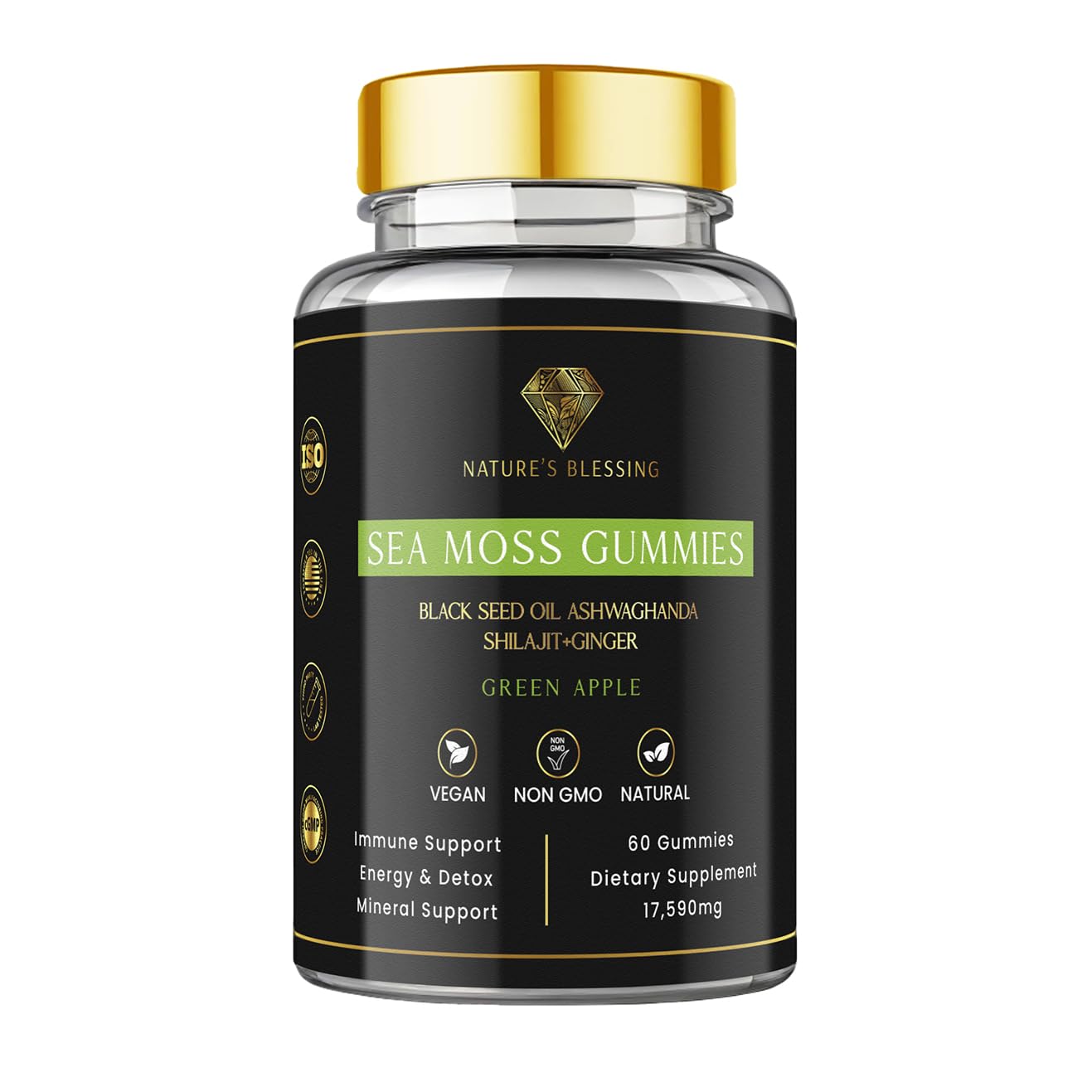 Sea Moss Gummies with Shilajit, Ashwagandha, Black Seed & Bladderwrack – 17,590mg Total Blend – Vegan, Non-GMO, Natural Wellness Supplement