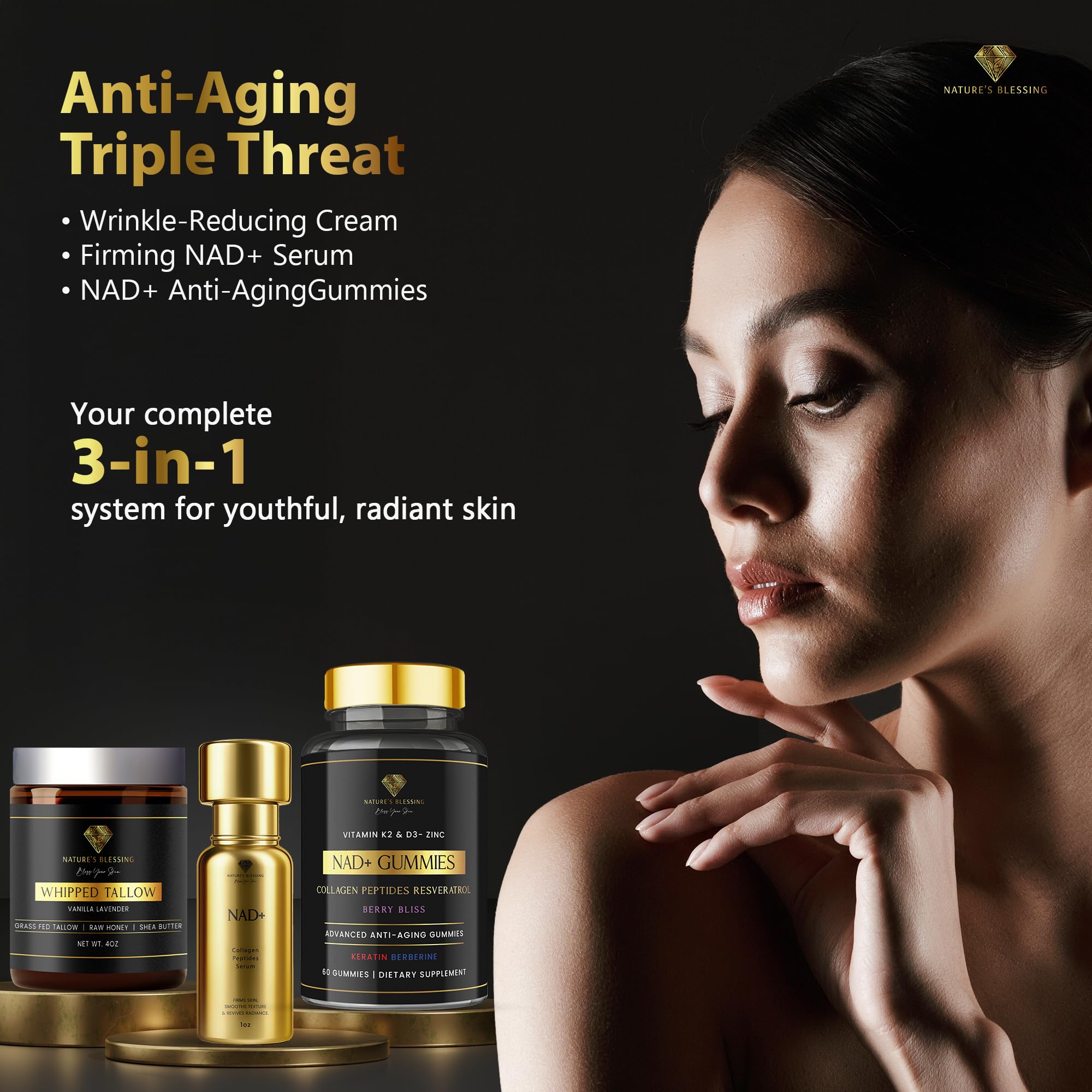 Anti-Aging Triple Threat – Wrinkle-Reducing Cream, Firming Serum & NAD+ Gummies for Youthful Glow