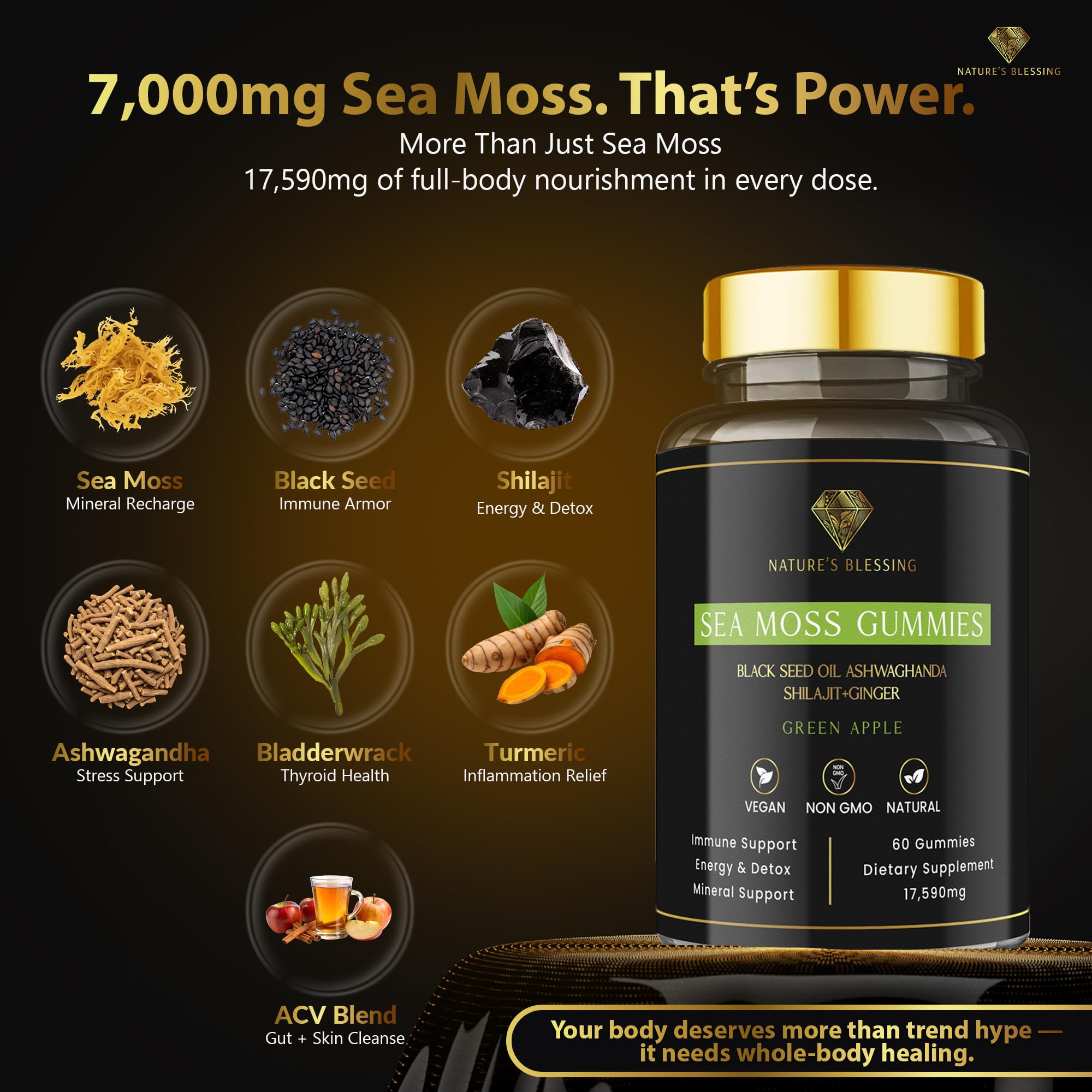 Sea Moss Gummies with Shilajit, Ashwagandha, Black Seed & Bladderwrack – 17,590mg Total Blend – Vegan, Non-GMO, Natural Wellness Supplement