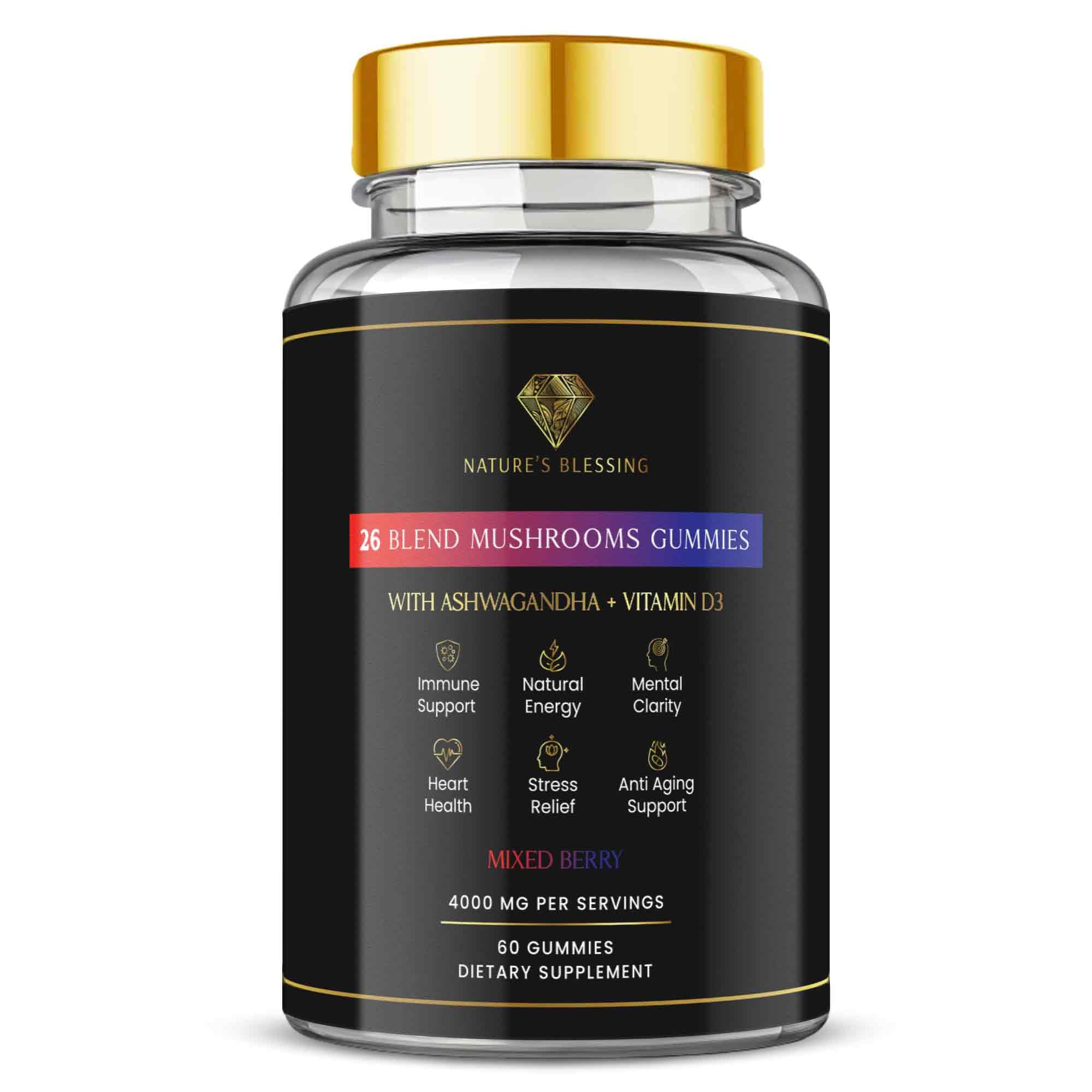 Nature's Blessing Advanced 26-in-1 Mushroom Gummies – Lion’s Mane, Reishi, Chaga + More – Supercharge Focus, Energy & Immunity – Powerful Vegan Nootropic for Brain Fog, Mood & Clarity