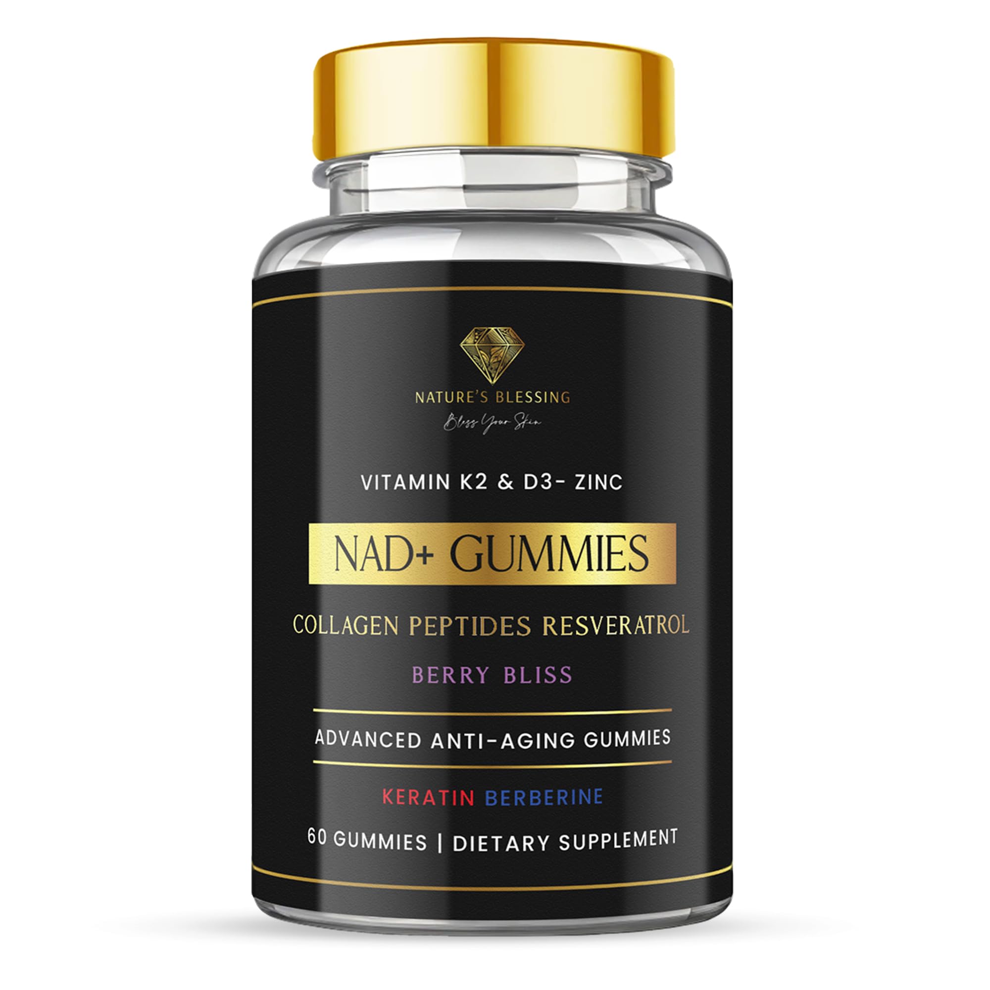 Nature's Blessing NAD+ Anti-Aging Gummies – Boost Cellular Repair, Brain Clarity & Radiant Skin – with Biotin, Collagen, Resveratrol, Vitamin D3, K2, Zinc & Keratin – Delicious Berry Bliss